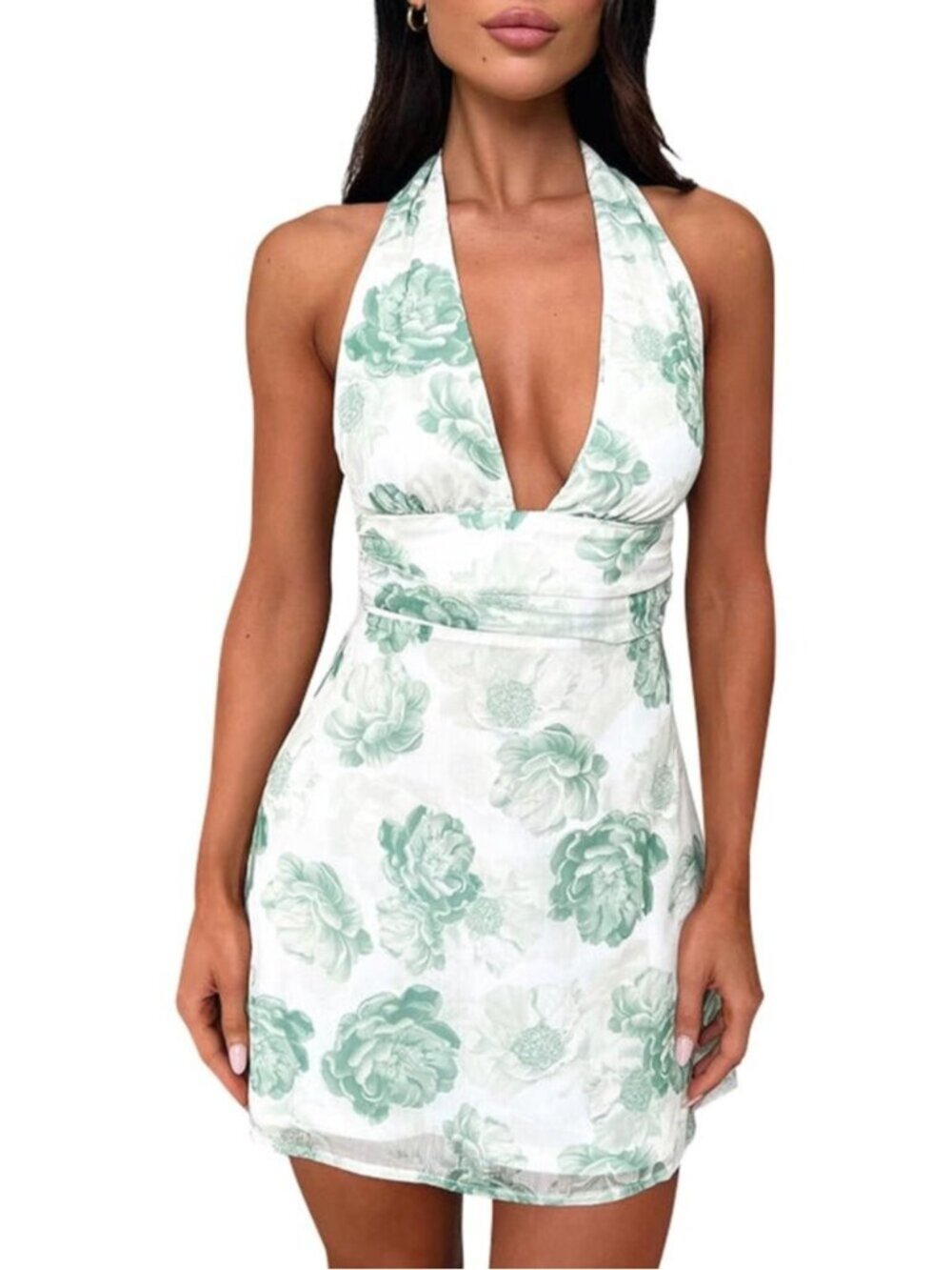 Women's Light Green Sleeveless V Neck Bow High Waist Flowy Backless Mini Dress